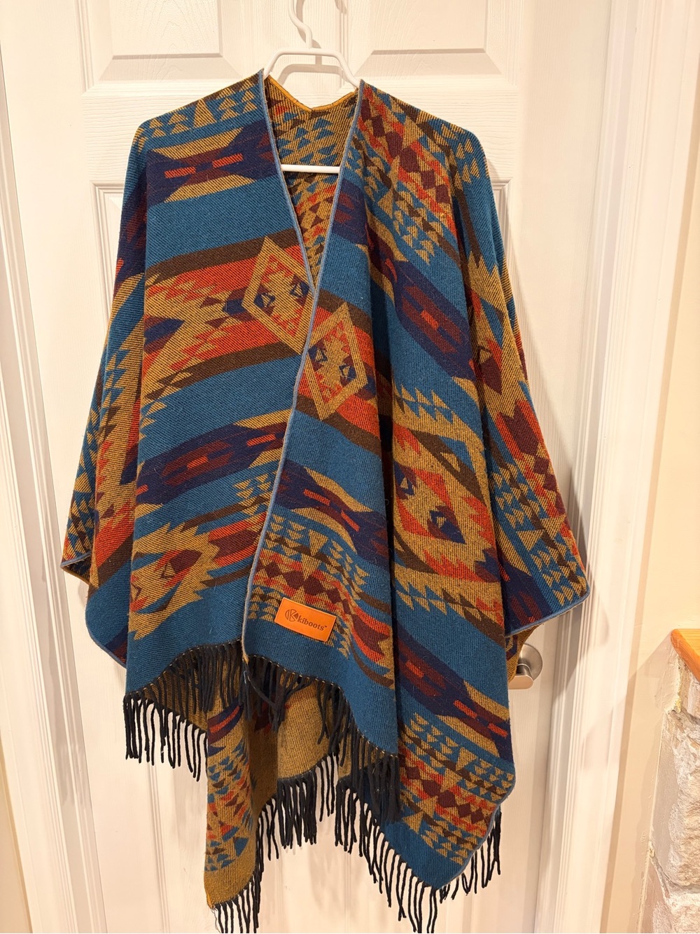 Fringed Aztec Knit Reversible Poncho Wrap in Teal and Rust